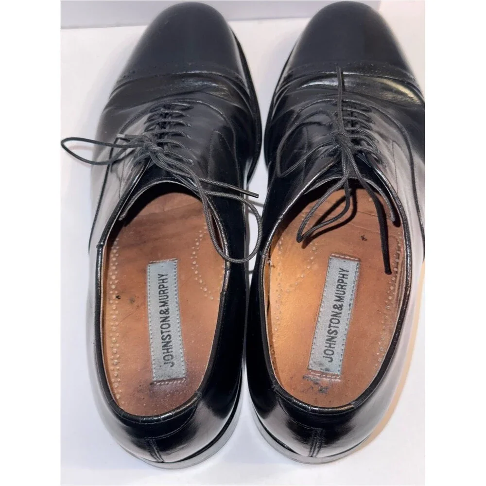 Johnston & Murphy size 9 1/2 Black Leather Melton Cap-Toe Oxford Dress Shoes